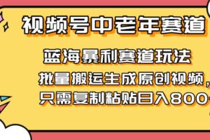 （14314期）2025视频号中老年短视频蓝海暴利风口！复制粘贴搬运视频单日赚800+，无…