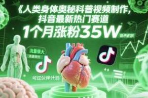 人类科普馆视频制作，抖音最新热门赛道，流量很大，1个月涨粉35W，可过伙伴计划