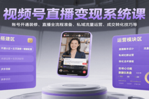 视频号直播变现系统课，账号开通装修、直播全流程准备、私域流量运营、成交转化技巧等
