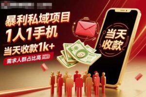 暴利私域项目1人1手机，当天收款1k+，需求人群占比高，当天就能见到钱