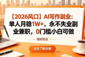 【2026风口】AI写作副业：单人月稳1W+，永不失业副业兼职，0门槛小白可做【揭秘】